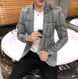 Men's Suits 2024 Men Checked Suit Jacket Spring Linen Slim Fashion One-button Business Casual Large Size M-5XL