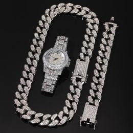3pcs set Men Hip hop iced out bling Chain Necklace Bracelets watch 20mm width cuban Chains Necklaces Hiphop charm jewelry gifts1311U