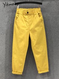 Jeans Yitimoky New 2022 Summer Women Harem Pants Allmatched Casual Cotton Denim Ankle Length Pants Elastic Waist Yellow White Jeans