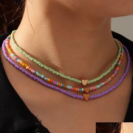 Beaded Necklaces 3Pc/Set Beach Summer Candy Color Seed Beaded Friendship Jewelry Heart Charm Necklaces Lovely Women Collar Choker Boho Dhloz