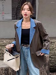 Women's Suits LANMREM Vintage Leather Blazer Women Denim Spliced Notched Collar Single Breasted Coat Fashion 2024 Spring Clothing 24519