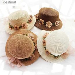 Wide Brim Hats Bucket Hats New Parent-child Summer New Women's Sun Hat Bucket cap beige lace Bowknot Flowers Ribbon Flat top Straw Hat Beach Caps PanamaL231221