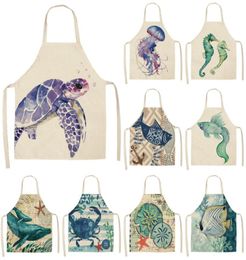 Marine Animals Printed Kitchen Aprons for Women Kids Sleeveless Cotton Linen Bibs Cooking Baking Cleaning Tools 5365cm9200869