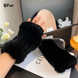 Winter Girl Natural Real Rex Rabbit Fur Gloves Good Elastic Hand Knitted Mittens Lady 231220