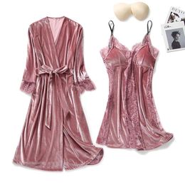 Women's Sleepwear Autumn Winter Velvet Twinset Robe Set Women Sexy Patchwork Lace Nightgown Kimono Bathrobe Gown Loose Velour Home Dress