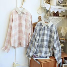 Women's Blouses 130cm Bust Spring Autumn Women All-match Japan Style Loose Plus Size Plaid Patchwork Embroidered Comfy Linen Shirts/Blouses