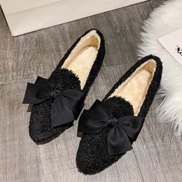 2023 Designer Luxury Lambswool Bow Mocasines Winter Curled Sheep Loafers Women's Pointed Plush Cotton Shoes Fuzzy Flat Shoes 231221