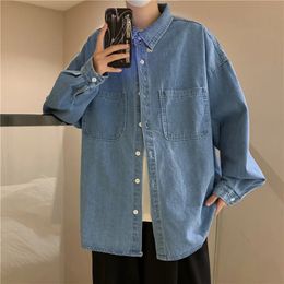 Simple Casual Denim Shirts for Men Vintage Fashion Blue Plain Shirt Long Sleeve Loose Spring and Autumn Design Streetwear Tops 231220