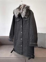 Women's Trench Coats Women Coat Removable Fur Collar Beading Single Breasted Winter Woolen Jacket With Pockets