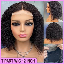 Malaysian Peruvian Indian Brazilian Natural Black Kinky Curly 4x4 Machine Make Wig T Part Wig 12 Inch 100% Raw Virgin Remy Human Hair