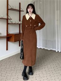 Two Piece Set s Outifits 2024 Autumn Corduroy Short Jacket Skirt Long Sleeved Top Dress Elegant Women's Clothing 231221