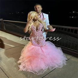 Gorgeous Pink Mermaid Prom Dress For Black Women Elegant Beaded Evening Gowns Tiered Sheer Neck Sequin Fishtail Special Occasion Promdress Formal Party Dress 2024