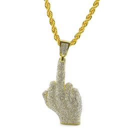 Hip Hop Men's Gold Colour Plated With Full Rhinestone Big Middle Finger Pendants Necklaces Bling Crystal Chains Vogue Jewelry239m