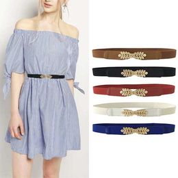 Other Fashion Accessories Fashionable Leaf Belt Elastic La Thermoelastic Cummends Womens Deep Blue Belt Dress Gold Double Metal Buckle Belt J240518