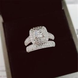 Vecalon 188pcs Topaz Simulated diamond cz 14KT White Gold Filled 3-in-1 Engagement Wedding Band Ring Set for Women Sz 5-11181a