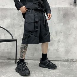 Unisex Shorts Multi-pocket Cargo Half Pants Elastic Waist Overalls Men's Clothing Haruku Hiphop Streetwear Ribbon Oversize