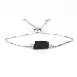 Natural Rough Black Tourmaline Mineral Precious Stone Bead Health Adjustable Healing Silver Color Link Bracelets For Women Beaded 249N