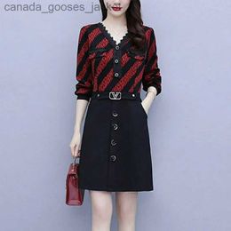 Two Piece Dress Fashion Korean Button Spliced Fake Two Pieces Dress for Fe Casual Long Sle Printing V-Neck Dresses Spring Women Clothing L231221