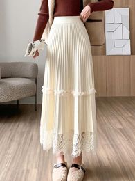 Skirts 2023 Warm Knitted Maxi For Women Fall Winter Elegant Lace Patchwork A Line High Waist Pleated Long Skirt Female