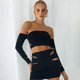 Work Dresses Urban Style Girl Women's 2023 Summer Solid Colour Casual Hollow Chest Wrap Long Sleeve Top Navel Skirt Outfit
