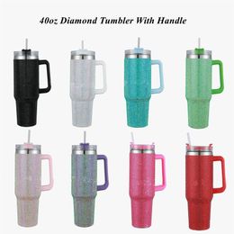 40oz Diamond Tumblers Cups With Handle Lids and Straw Stainless Steel Insulated Tumblers Bling bling Car Travel Mugs Termos Water 218T