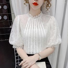 Women's Blouses Sweet Bubble Short Sleeve White Shirt 2024 Korean Fashion Lace Top Summer Crochet Blouse