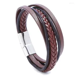 Bangle Classic Genuine Leather Bracelet Men Hand Charm Jewellery Handmade Braided Multilayer Stainless Magnetic Buckle Gift For Cool Boys