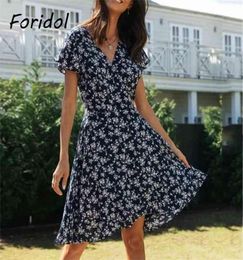 Floral Print Summer Wrap Dress Women V Neck Short Navy Blue Beach Cotton Flare Sleve Holiday Vintage 2104278485342