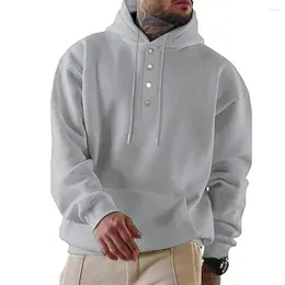 Men's Hoodies Men Thick Hoodie Solid Color Half Single-breasted Warm Stylish Pullover With Drawstring Button Decor Loose