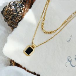 Chains Double Layered Black Square Plate Stacked Titanium Steel Necklace Versatile Collarbone Chain Non Fading Neck