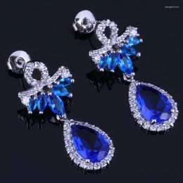 Dangle Earrings Exclusive Water Drop Blue Cubic Zirconia White CZ Silver Plated V0710