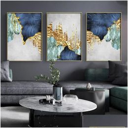 Paintings Nordic Blue Golden Foil Lines Canvas Posters Print Modern Abstract Wall Art Painting Decoration Picture Living Room Home D Dhstm
