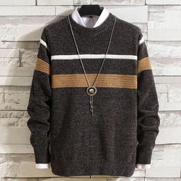 Men's Sweaters Korean Fashion Knitted Sweater Striped Pattern Warm Plush Pullover Loose Long Sleeve Jumper Winter Men Clothing