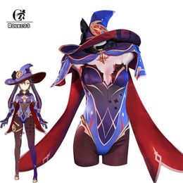 ROLECOS Game Genshin Impact Mona Cosplay Costume Mona Cosplay Costume Sexy Women Jumpsuit Halloween Bodysuit Hat Shawl Full Set Y0275k