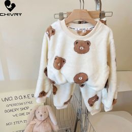 Autumn Winter Kids Thicken Soft Flannel Pyjamas Sets Baby Boys Girls Cartoon Oneck Pullover Warm Sleeping Pyjamas 231220