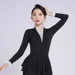 Stage Wear 2023 Atumn Winter Long Sleeve V-Neck Ballroom Dance Bodysuit Professional Performance Costume Female Latin Dancewear F1114