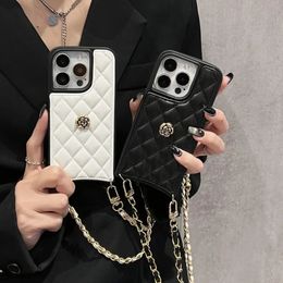 Luxury diamond Chequered artificial leather cover with shoulder straps suitable for iPhone 15 Plus 14 13 12 Pro Max Camellia phone case 231221