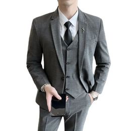 Jacket Vest Pants Highend Brand Boutique Fashion Plaid Men's Casual Business Suit Threepiece Set Groom Wedding Dress 231220