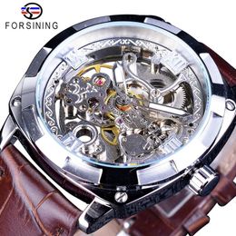 Forsining 2018 Silver Skeleton Clock Brown Genuine Leather Water Resistant Automatic Self-winding Watches for Men Sports Watches269q