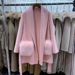 Fur Women Real Wool Autumn Coats Lady Elegant Fur Jackets Genuine Fox Fur Pocket 3 Colours Female Trench ZY3792