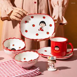Plates Kawaii Chibi Maruko-Chan Anime Hobby Household Porcelain Tableware Set Lace Bowl Oval Plate Mug Breakfast Cup