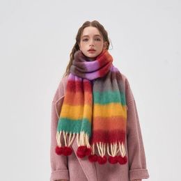 Scarves Winter Scarf Women Striped Hairball Cashmere Wraps Soft Wram Shawl Female Pashmina Long Blanket Stoles