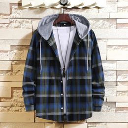 Autumn Men Plaid Shirt Hooded Long Sleeve Loose Casual Hoodie Top Fashion Trend Shirts Sweatshirt Mens Clothing Streetwear 231221