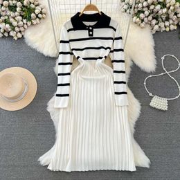Casual Dresses GUUZYUVIZ Autumn And Winter Korean Long Sleeved POLO Contrast Stripe Waist Shrinking A-line Knitted Pleated Dress For Women