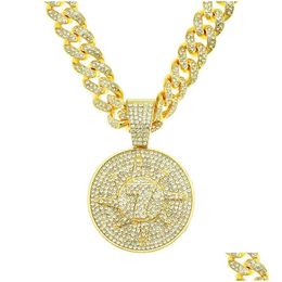 Pendant Necklaces Hip Hop Crystal Lucky Number 7 With Big Miami Cuban Chain Choker Necklace For Men Women Iced Out Coin Jewellery Drop Otfqv