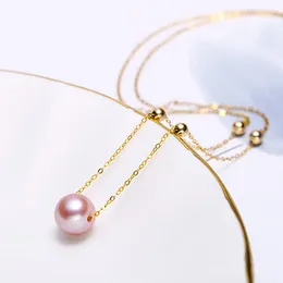 Chains XF800 Real 18K Gold Freshwater Pearl Pendant Necklace 8-8.5mm Round Pure AU750 Chain For Women Fine Jewelry 2023 D501