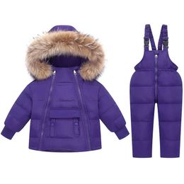 Winter Children Girl Snowsuit Hooded Fur Down Jacket For Boy 15 Years Kids Baby Overalls Infant Toddler Outfit 231220