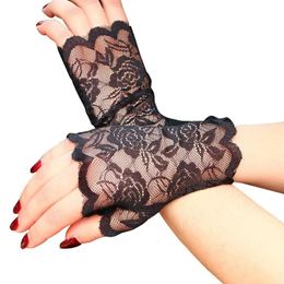 Fashion Women Lace Floral Long Fingerless Gloves Half Finger Fishnet Gloves Mitten Hollow Solid Summer Sunscreen Black 2020 New281t