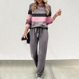 Women's Two Piece Pants Casual Tops High Waist Trousers Set Striped Print Tracksuit With Long Sleeve Elastic For Spring
