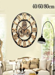 406080cm Retro Vintage Handmade Large Wall Clock Luxury 3D Handmade Wooden Wall Hanging Clock Living Room Decoration Gift T200604274987